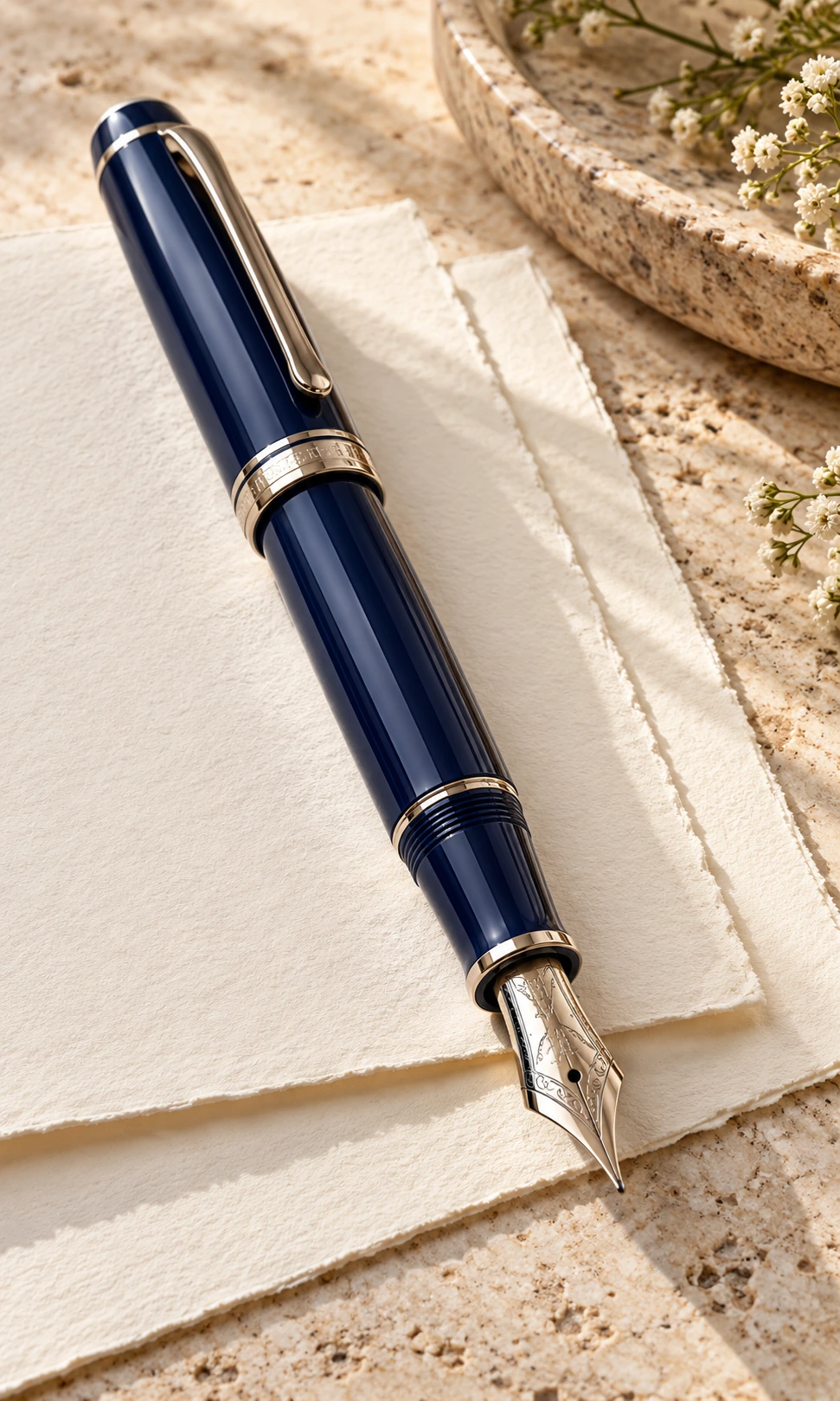 A polished blue fountain pen resting on textured cream paper