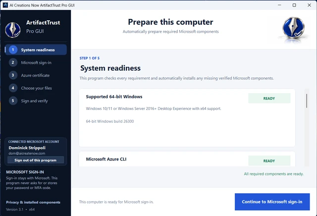 ArtifactTrust Pro GUI screenshot: Prepare your computer.