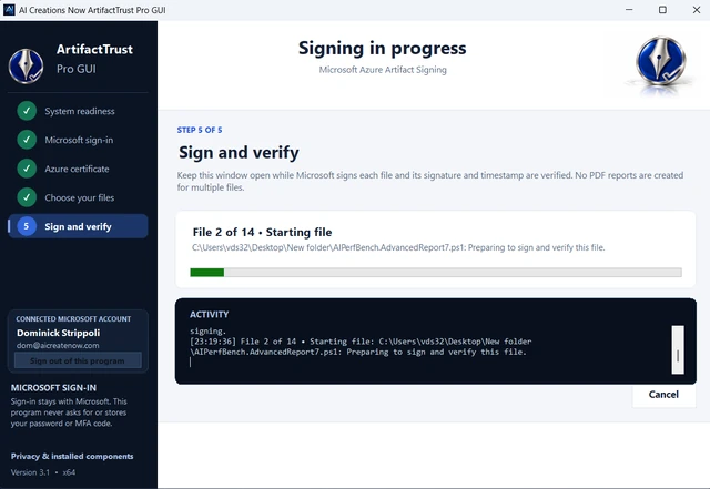 ArtifactTrust Pro GUI screenshot: Follow the signing progress.